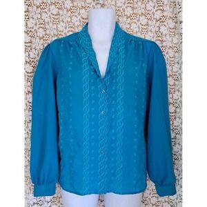 Bud Fashions Blouse 40 Teal Embroidered Details Button Front Long Sleeve Collar